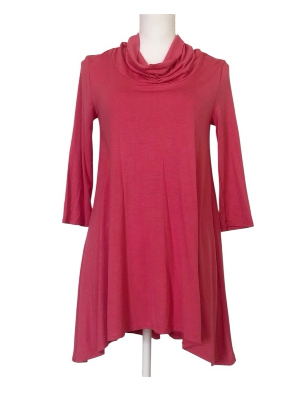 Grace Coral Pink Cowl-neck Stretchy Soft Tunic Mini Dress 3/4 Sleeve
